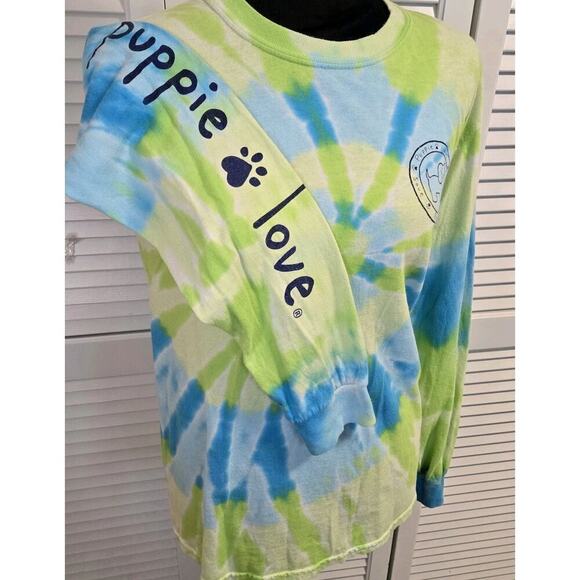 Puppy Love Tops - Puppy Love Size SMALL Blue Green Tie Dye Long Sleeve Logo Crew Neck Dog Hippie